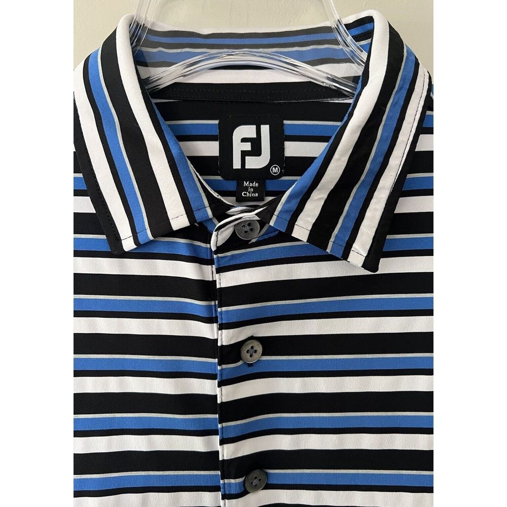 FootJoy Men's Medium‎ Blue Black Short Sleeve Striped Golf Polo Sleeve Logo